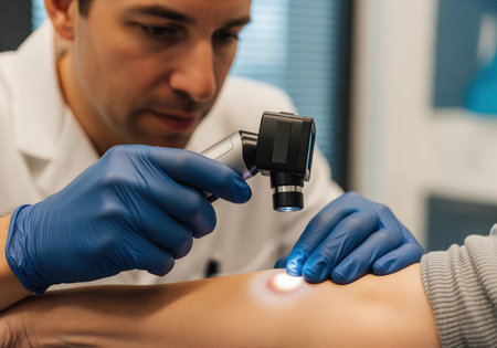 A male dermatologist wearing blue gloves uses a specialized dermatoscope device to closely inspect a suspicious skin lesion or mole on a patient arm during a medical checkup.の素材