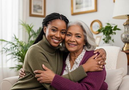 Happy african american mother and daughter share a loving embrace, sitting closely together in a comfortable living room setting. this portrait conveys warmth, family connection, and intergenerational support.の素材