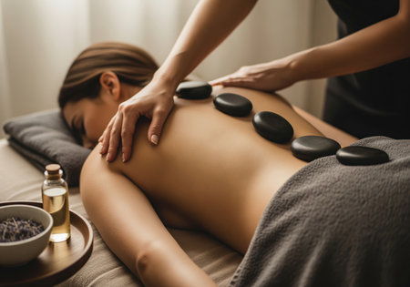 A professional masseuse places warm, smooth stones on a woman back during a therapeutic spa treatment for relaxation and muscle relief.の素材