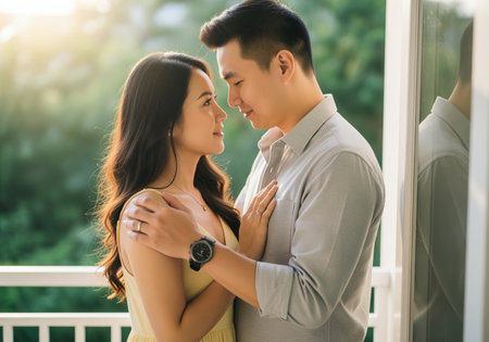 Intimate portrait of a loving asian couple embracing outdoors during golden hour, symbolizing romance, commitment, and happiness.の素材