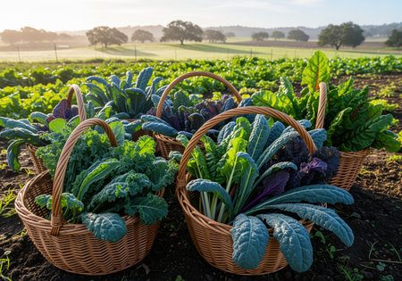 Wicker baskets are overflowing with a vibrant assortment of freshly harvested organic leafy greens, including kale and swiss chard, set against a sunny farm backdrop.の素材