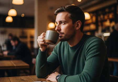 A handsome young man in a green sweater sits at a wooden table, thoughtfully sipping coffee from a ceramic mug in a cozy, dimly lit cafe. perfect for lifestyle, relaxation, or beverage concepts.の素材