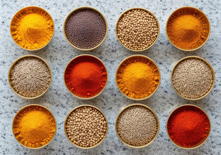 Twelve small golden bowls symmetrically arranged and filled with vibrant indian spices like turmeric, chili powder, cumin, and coriander seeds. perfect for culinary projects.の素材