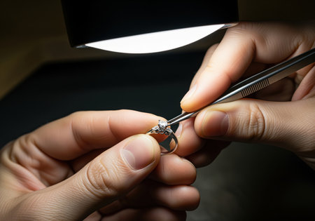 Close up of a jeweler hands using tweezers to meticulously set a brilliant diamond gemstone into a delicate ring under focused light. this shows the precision of fine jewelry making.の素材