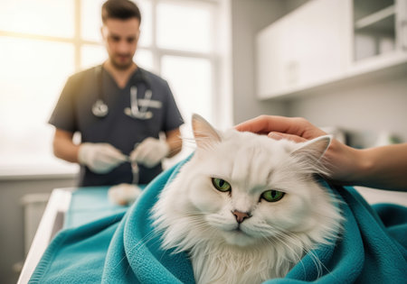 A beautiful long haired white cat wrapped in a blue blanket is being gently petted by an owner while waiting for a veterinary examination.の素材