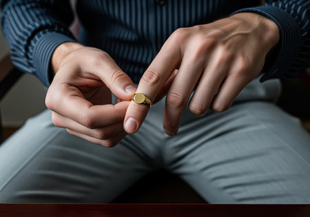 A man in business attire adjusts a classic gold signet ring on his finger, highlighting fashion, accessories, and personal style.の素材