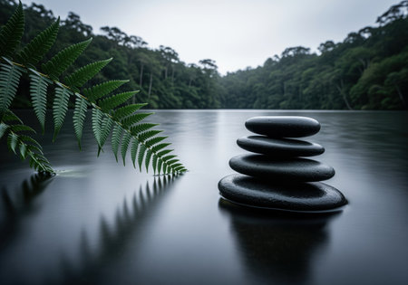 Five smooth, dark stones are perfectly balanced in a stack on the surface of calm water, framed by a lush fern and dark forest. this image evokes peace, meditation, and natural harmony.の素材
