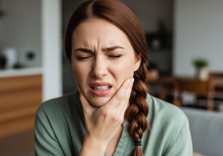 Portrait of a woman grimacing in pain, clutching her jaw due to dental issues, needing immediate medical attention or relief.の素材