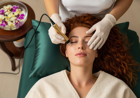 A young woman with red hair is comfortably lying down while a technician performs a facial aesthetic procedure using a golden device, focusing on the delicate skin around her eyes.の素材