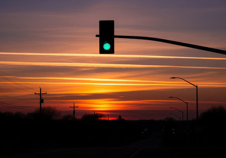 A dramatic silhouette of a traffic signal displaying a green light, set against a vibrant sunset sky filled with orange, purple, and pink hues. this image conveys themes of travel, infrastructure, and evening commute.の素材