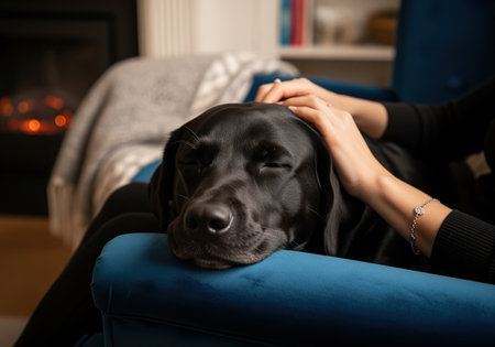 A close up shot of a relaxed black labrador dog with closed eyes, resting on a blue armchair while being gently stroked by a person hands in a cozy home environment.の素材