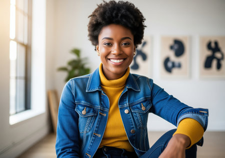 A beautiful young african american woman smiles genuinely while sitting indoors, dressed in a casual denim jacket and vibrant yellow top.の素材