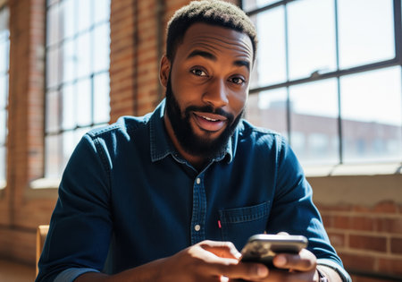 A vibrant medium close up portrait of a young african american man seated indoors, intently engaging with his mobile phone. he looks up with a friendly, surprised, or engaging expression, conveying connection and modern communication.の素材