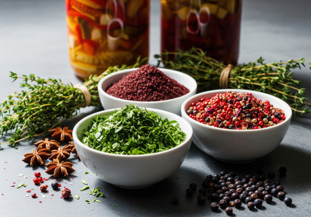 A vibrant close up of three bowls filled with sumac, mixed peppercorns, and chopped herbs, surrounded by thyme, star anise, and juniper berries. essential for gourmet cooking.の素材