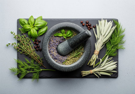 Overhead view of a granite mortar and pestle filled with lavender and rosemary, surrounded by fresh basil, thyme, sage, and dill on a slate surface. ideal for natural medicine, cooking, or aromatherapy concepts.の素材