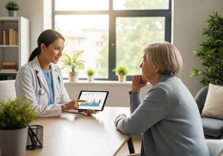 A professional female doctor uses a digital tablet to explain health data and charts to an attentive senior woman patient during a medical consultation in a bright office.の素材