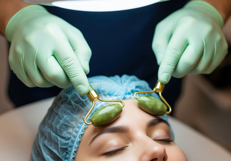 A professional esthetician wearing gloves performs a relaxing facial massage on a client using natural green jade rollers to promote lymphatic drainage and skin health.の素材