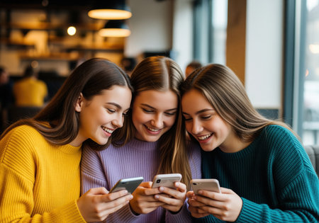 Three smiling female friends are gathered closely, looking at their mobile phones and laughing while sitting in a modern cafe. they are enjoying sharing social media content and connecting online.の素材