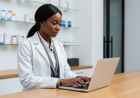 Professional african american pharmacist uses a laptop at the counter, managing patient records or inventory in a modern clinical environment.の素材