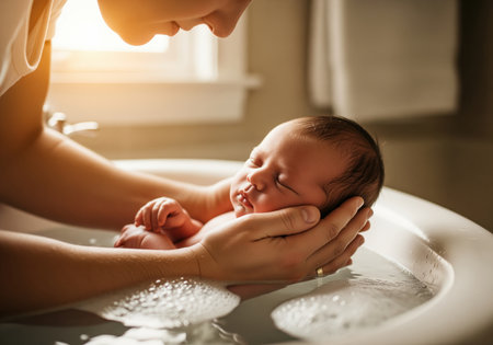 A parent gently cradles their sleeping newborn baby during a warm bath, emphasizing the bond and tender care in early infancy.の素材