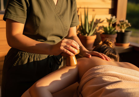 Therapist performs maderotherapy back massage using a wooden mushroom tool on a client during a relaxing outdoor spa session in warm sunlight.の素材