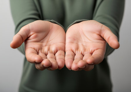 Close up shot of two hands cupped together, palms facing up, symbolizing concepts like offering, receiving, charity, or measurement. this gesture is versatile for illustrating generosity or need.の素材