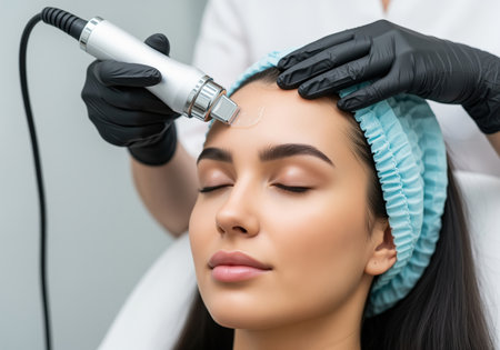A professional cosmetologist uses an advanced ultrasonic device to perform a non invasive skin rejuvenation treatment on a young woman forehead.の素材