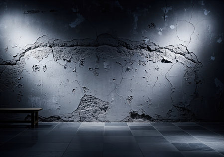 Dark, moody interior of an abandoned room featuring a heavily cracked and distressed concrete wall texture illuminated by dramatic spotlights. ideal for background or conceptual use.の素材