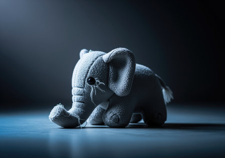 A small, worn gray plush elephant toy is dramatically lit in a dark, moody studio setting. this image evokes feelings of nostalgia, sadness, and loneliness.の素材