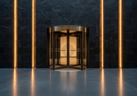 Modern architectural interior featuring a polished bronze revolving door against a black stone wall, highlighted by glowing vertical light strips.の素材