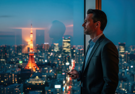 Successful businessman in a suit stands in a high rise office, viewing the spectacular illuminated tokyo cityscape and tokyo tower at twilight.の素材