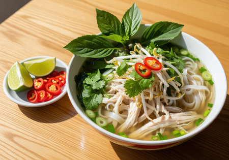A vibrant bowl of traditional vietnamese pho ga chicken noodle soup, richly garnished with fresh basil, bean sprouts, cilantro, and chili peppers.の素材