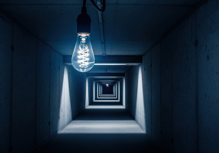 A vintage style spiral filament light bulb hangs suspended, casting a cool glow down a long, dark, repeating concrete corridor, creating a deep perspective.の素材
