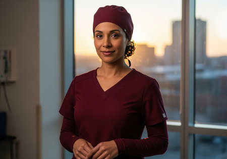 A confident, diverse female medical professional wearing maroon scrubs and a surgical cap stands near a large hospital window during golden hour, conveying dedication and expertise.の素材