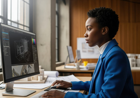 A focused black female architect works intently on a computer screen displaying a 3D wireframe building model in a modern office setting.の素材