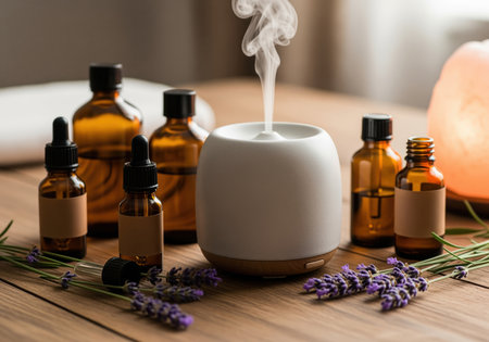 A close up of a white essential oil diffuser releasing steam, flanked by amber glass bottles and fresh lavender sprigs on a wooden table. perfect for wellness and spa concepts.の素材