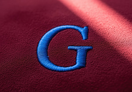 Detailed macro photograph showing the precise blue thread embroidery of the capital letter g on a textured, rich burgundy suede like material.の素材