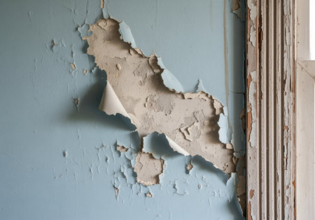 Detailed view of distressed wall texture where light blue paint is severely flaking and peeling, revealing older layers beneath. this decaying surface suggests neglect.の素材
