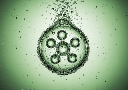 A detailed molecular structure is suspended within a large clear bubble, surrounded by effervescent bubbles in a vibrant green liquid. ideal for themes related to chemistry, cosmetics, and biotechnology.の素材