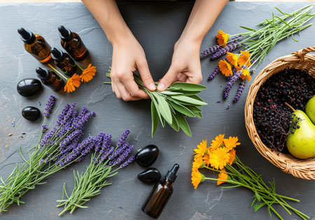 A top down view shows hands carefully bundling fresh sage leaves on a dark slate surface, surrounded by ingredients like lavender, calendula flowers, and amber dropper bottles containing essential oils. this composition suggests herbal preparation, natural healing, and holistic wellness practices.の素材