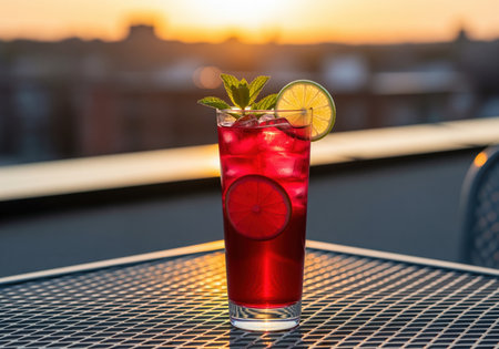 A tall glass of vibrant crimson iced tea or cocktail, garnished with fresh mint and lime, sits on a metal table enjoying the golden hour sunset view from a rooftop bar.の素材