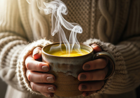 Close up shot of hands wearing a cozy knit sweater holding a steaming ceramic mug filled with warm golden turmeric milk. perfect for wellness, comfort, and winter concepts.の素材