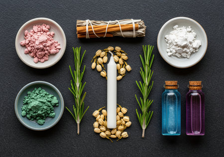 Curated collection of natural ingredients for spiritual cleansing or beauty rituals, featuring clay powders, essential oils, herbs, and a central candle.の素材