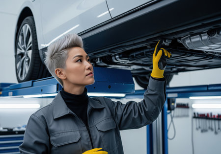 A focused east asian female mechanic wearing a gray uniform and yellow gloves inspects the chassis and undercarriage of a white vehicle raised on a lift in a professional auto service center.の素材