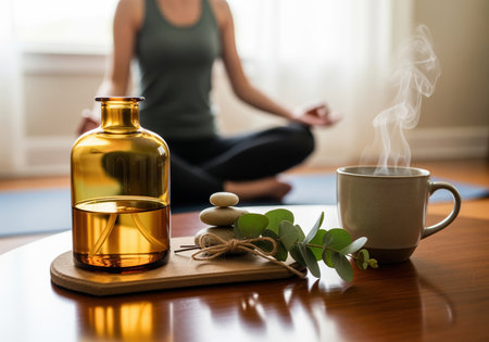 A peaceful indoor scene featuring wellness essentials like an amber oil bottle, stacked stones, and a steaming cup of tea, promoting relaxation and mindfulness.の素材
