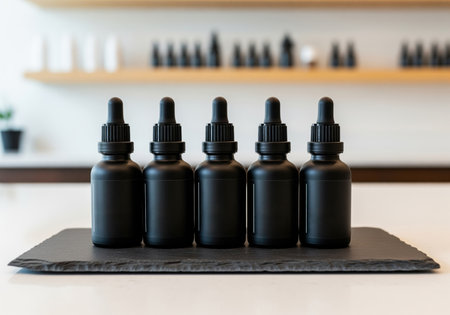 A professional display of five identical matte black dropper bottles used for essential oils or serums, resting on a dark slate surface. ideal for beauty and wellness branding mockups.の素材