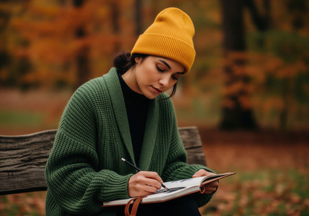 A focused young woman wearing a warm yellow beanie and green cardigan sits on a bench, writing or drawing in her journal during the fall season.の素材
