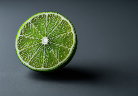 Close up studio shot of a vibrant green lime half slice resting on a dark surface, emphasizing the fresh, juicy texture and bright color.の素材
