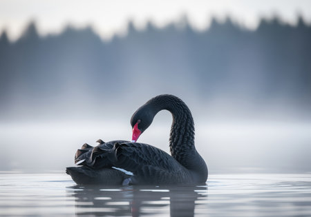 A majestic black swan floats on calm, misty water, dipping its head to preen its dramatic dark plumage. this atmospheric wildlife scene evokes tranquility.の素材