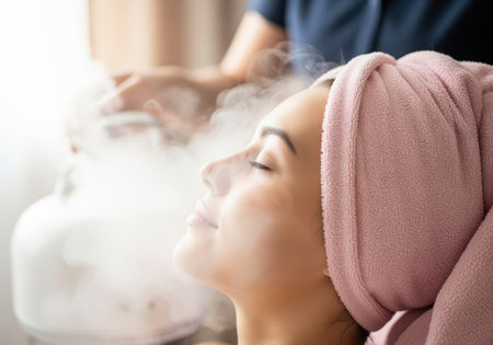Profile view of a relaxed woman receiving professional facial steam therapy at a spa, promoting hydration and healthy skin.の素材
